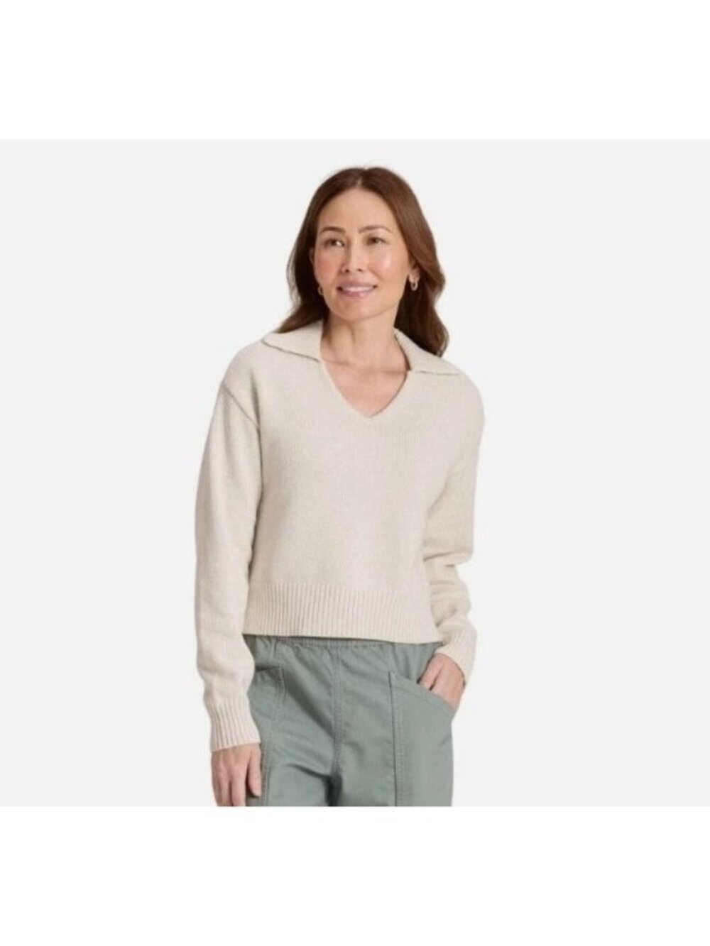 Universal Thread Women's Cream Oatmeal V-Neck Collared Sweater Cropped Knit XL